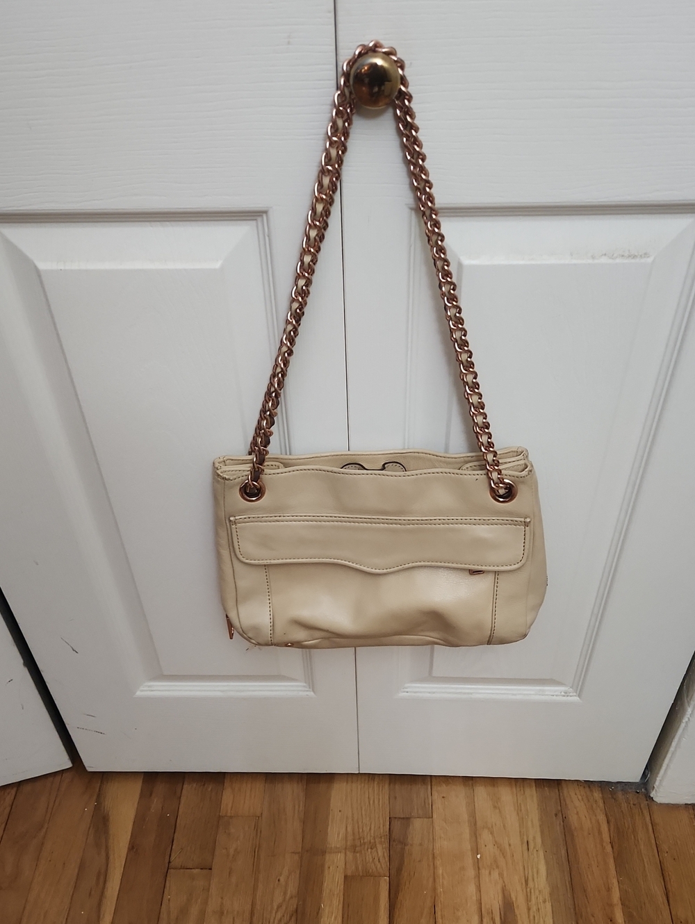 Rebecca Minkoff Beige Leather Shoulder Bag with Rose Gold Chain Strap